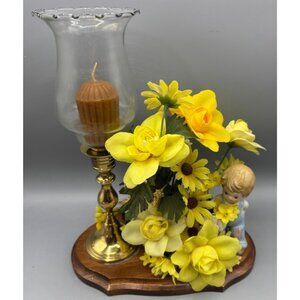 Vtg Brass Hurricane Candle Holder Yellow Floral Porcelain‎ Boy w/ Lamb